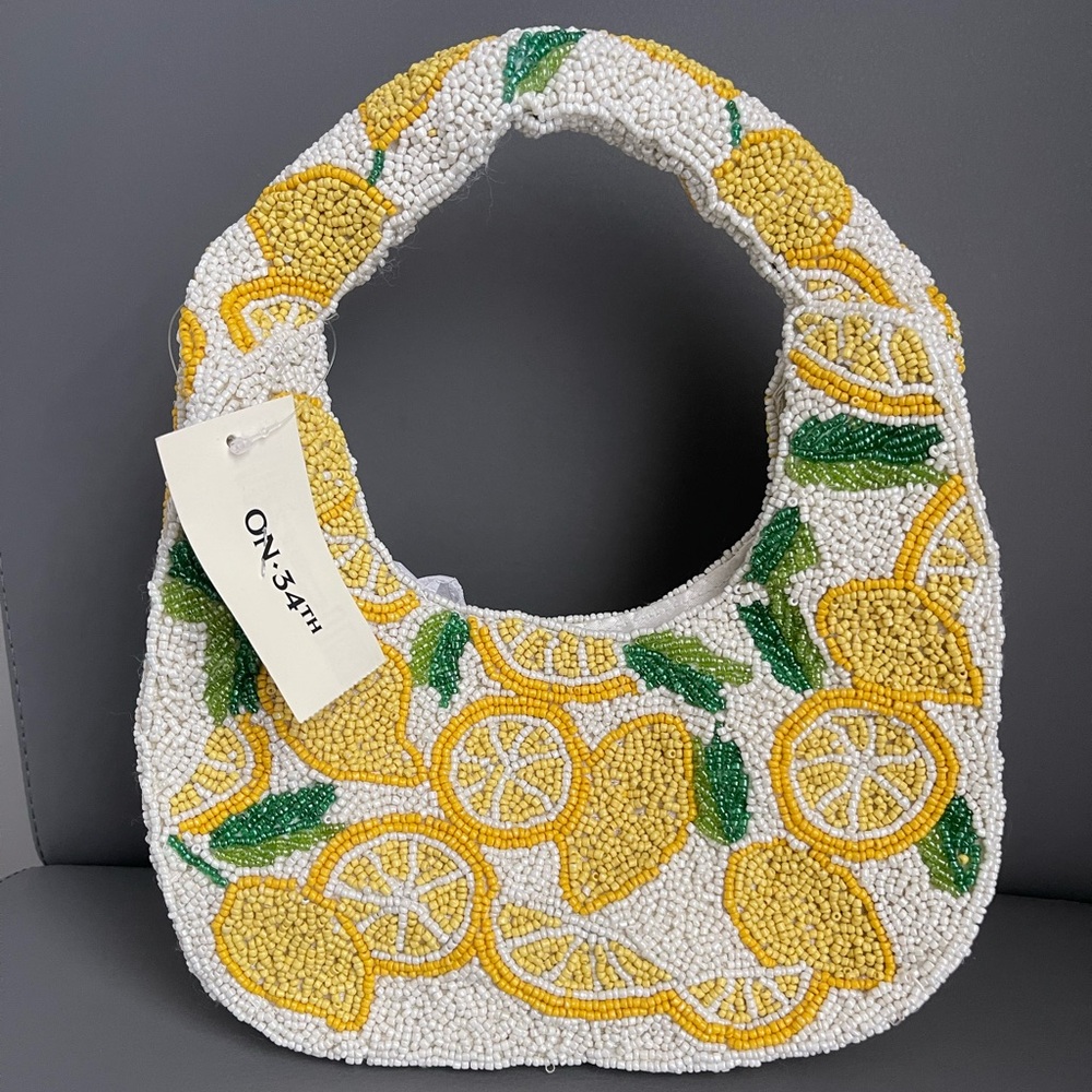 On 34th Hand Beaded Embellished Lemons Yellow Hobo Shoulder Bag